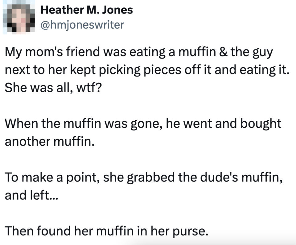 Tweet detailing a humorous story about a mom's friend unknowingly eating a bird's muffin piece and then replacing it