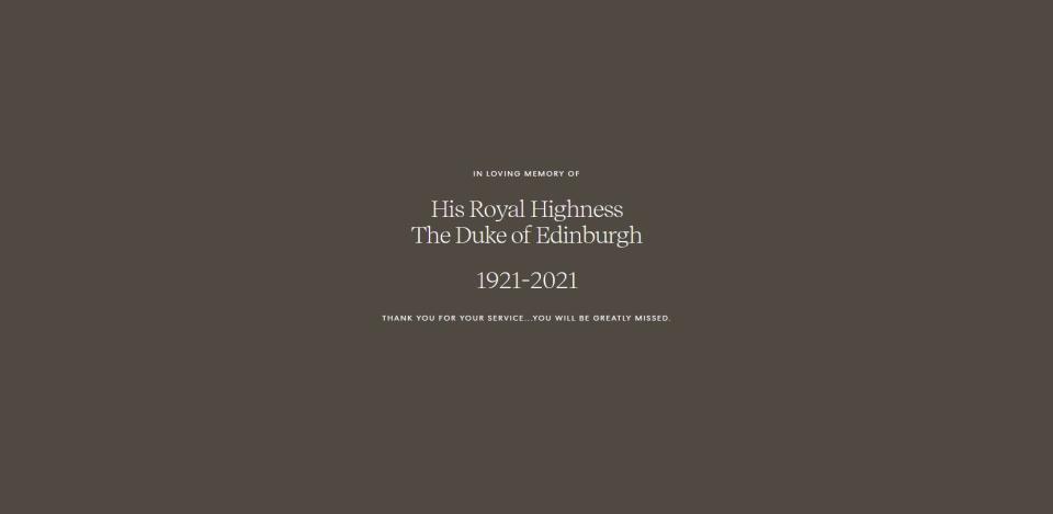 英國女王伊麗莎白二世的丈夫菲立普親王9日辭世，享耆壽99歲。現居美國的哈利王子與妻子梅根的Archewell基金會在官方網站向菲立普致敬：「緬懷愛丁堡公爵（Duke of Edinburgh）殿下（1921-2021）。謝謝您的奉獻，我們會非常想念您。」（圖截取自Archewell基金會官方網站）