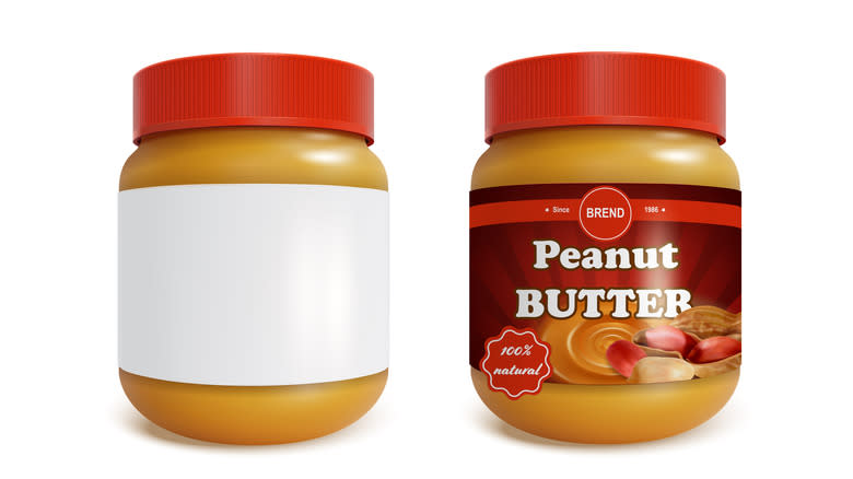 Peanut butter jar with brand label next to peanut butter jar with blank label