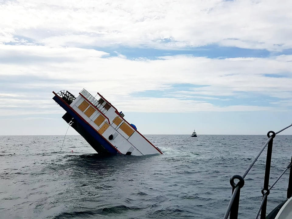 <em>The recently-renovated MV Oliver Cromwell sunk in the Irish sea whilst being transported to its new owner (Picture: SWNS)</em>