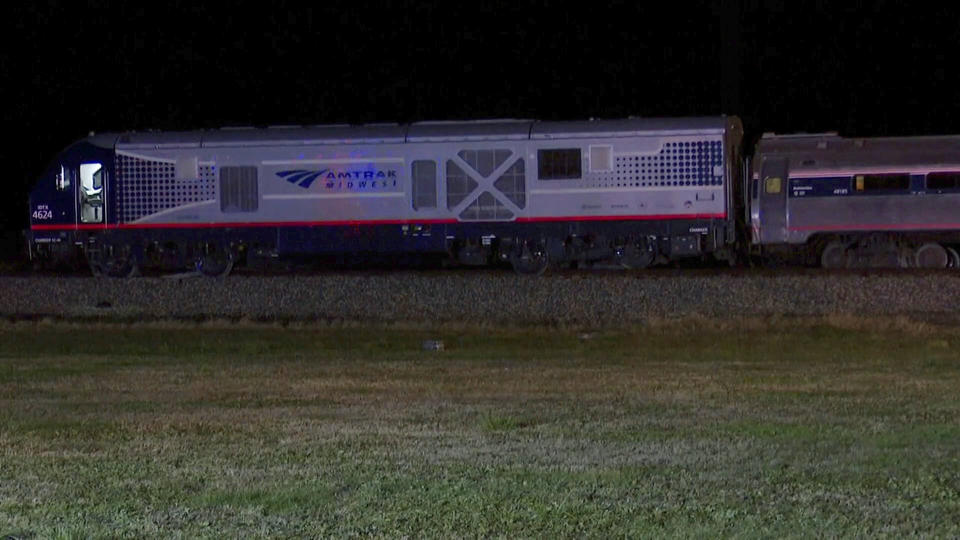 An Amtrak train sits on the track after hitting an empty vehicle and derailing on Thursday, Nov. 16, 2023 near New Buffalo, Mich. Authorities say 11 people were injured when the train heading to Chicago derailed in southwestern Michigan. (WBND via AP)