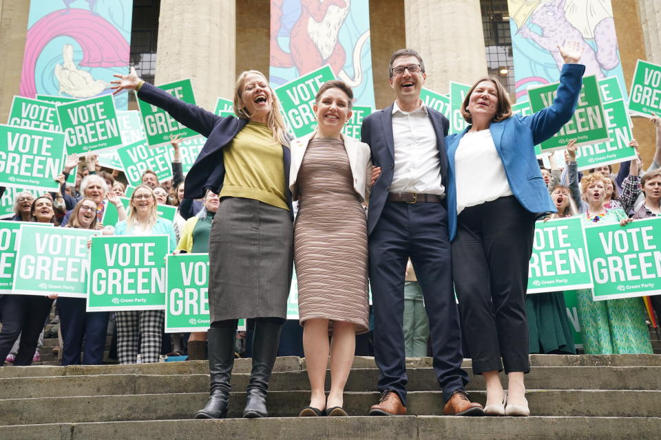 It is green for go for Green Party candidates Sian Berry, Carla Denyer, Adrian Ramsay and Ellie Chowns at their campaign launch (Jonathan Brady/PA)