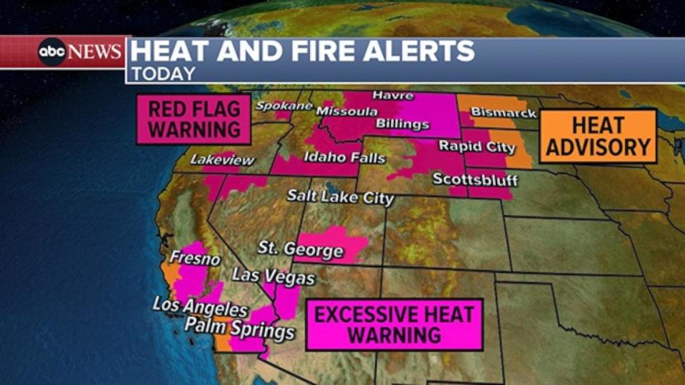 PHOTO: This weather map shows heat and fire alerts, July 25, 2024, in the western and northwestern U.S. (ABC News)