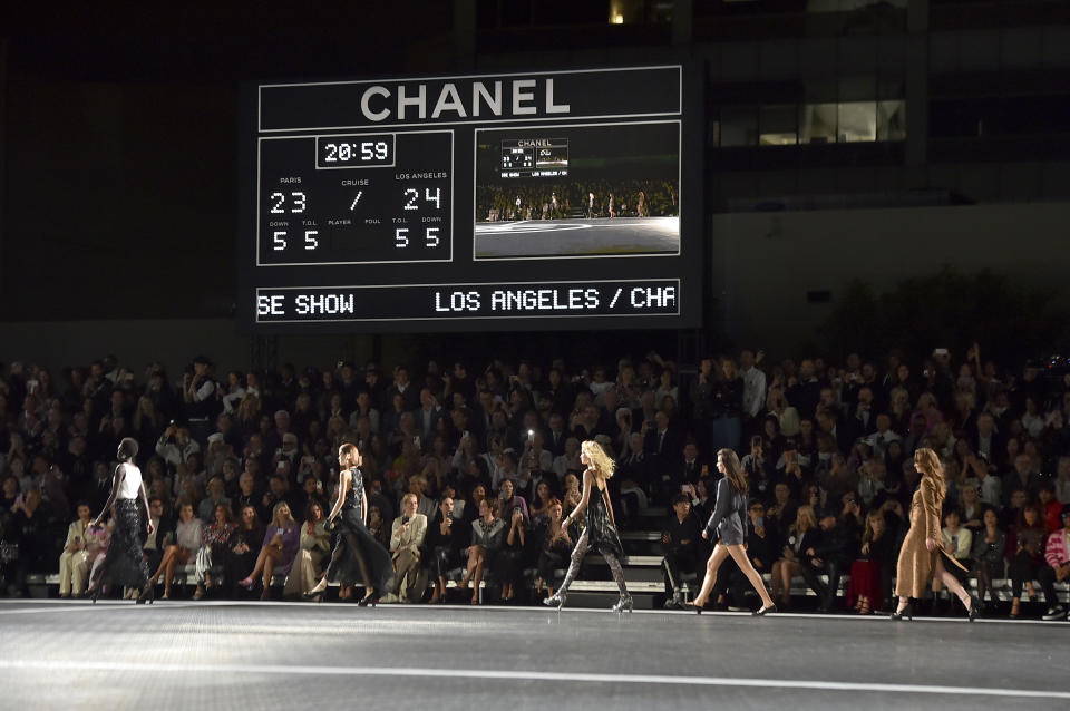 Models walk the runway at the Chanel Cruise 2023/2024 Fashion Show on Tuesday, May 9, 2023, at Paramount Studios in Los Angeles. (Photo by Jordan Strauss/Invision/AP)