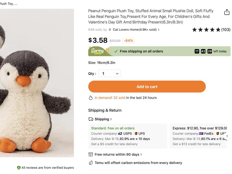 Temu penguin soft toy listing