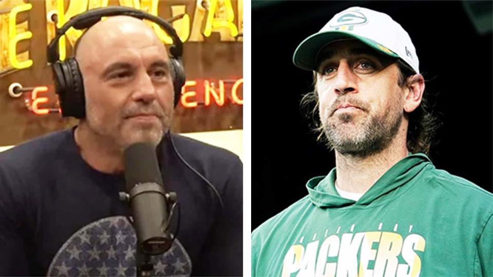 Podcast host Joe Rogan (pictured left) speaking during his show and (pictured right) Aaron Rodgers before a NFL game.