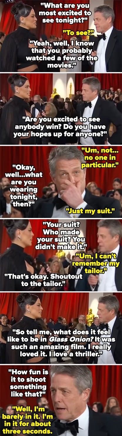 awkward interview with hugh grant and ashley graham, in which ashley asks him about his suit, "Glass Onion," and who he's rooting for to win awards