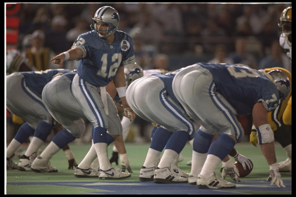 Erik Kramer (12) is the only living person to quarterback the Detroit Lions to a playoff victory, which happened way back in 1992. (Tom G. Lynn//Time Life Pictures/Getty Images)