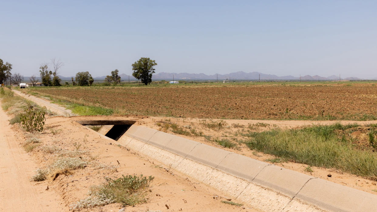 A irrigation canal dried out due to water shortages at farm in Casa Grande, Ariz., in August.