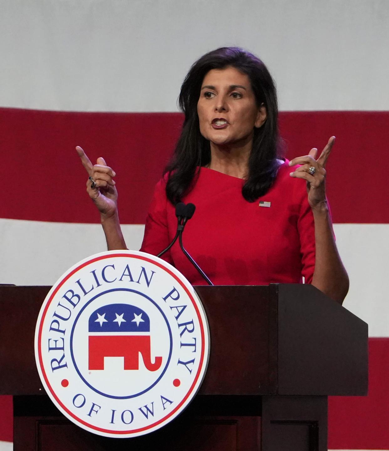 Republican presidential candidate hopeful Nikki Haley speaks during the Lincoln Dinner on Friday, July 28, 2023, at the Iowa Events Center in Des Moines.