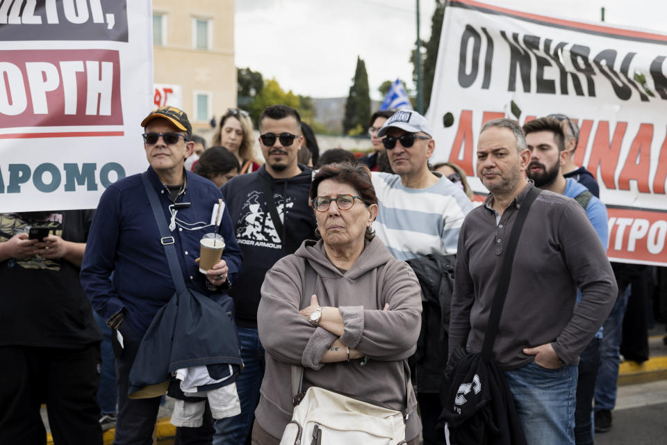 Protesters take part in a rally following a train collision in central Greece, in front of the parliament, in Athens, Sunday, March 12, 2023. Thousands of people protested Sunday against safety deficiencies in Greece's railway network and to demand the punishment of those responsible for the deadliest accident in the country's history, which killed 57 on Feb. 28, when a freight train and a passenger train that had been mistakenly directed to the same track collided head-on in central Greece. (AP Photo/Yorgos Karahalis)