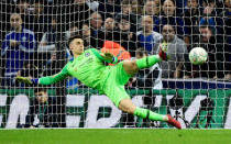 Soccer Football - Carabao Cup Final - Manchester City v Chelsea - Wembley Stadium, London, Britain - February 24, 2019 Chelsea's Kepa Arrizabalaga in action during the penalty shootout REUTERS/Rebecca Naden