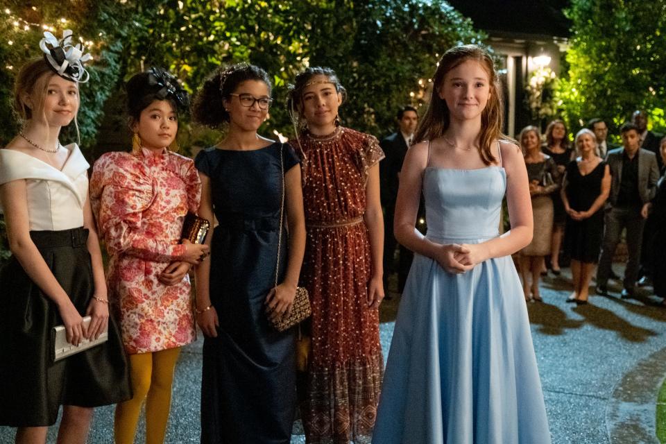 The club attends a wedding. Stacey McGill (Shay Rudolph), Claudia Kishi (Momona Tamada), Mary-Anne Spier (Malia Baker), Dawn Schafer (Xochitl Gomez) and Kristy Thomas (Sophie Grace) on "The Babysitters Club."