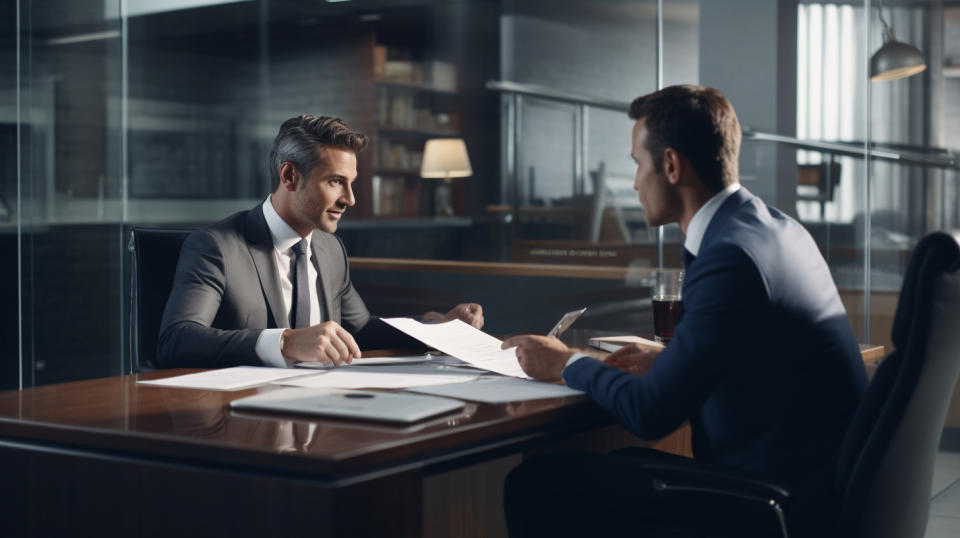 A busy financial advisor talking to a client in their office.