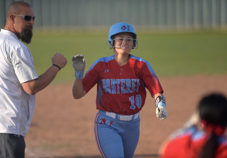Monterey's Taylor Terrazas runs to home plate after scoring a home run against Coronado in a District 4-5A softball game, Thursday, March 28, 2024, Rosenow Field.