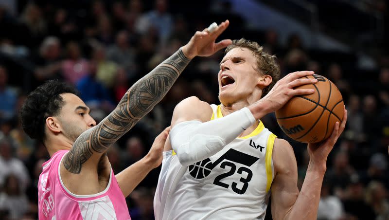 Utah Jazz forward Lauri Markkanen is guarded by Breakers’ Izayah Le’ Afa as the Utah Jazz and the New Zealand Breakers play at the Delta Center in Salt Lake City on Monday, Oct. 16, 2023. The Jazz All-Star anchors a 2023-24 Jazz squad that should be stronger and more competitive this season.