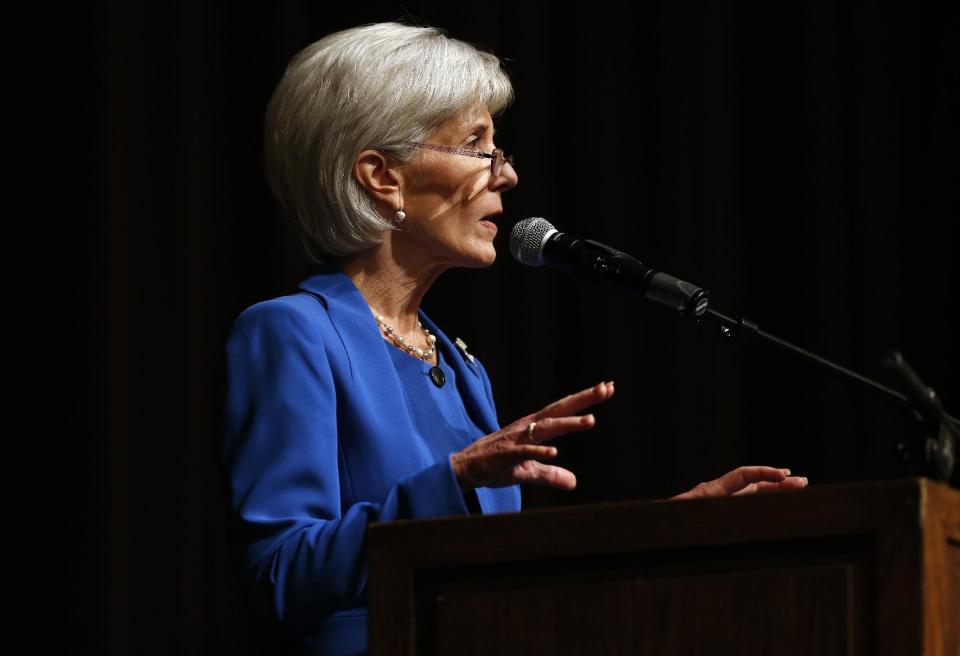 Health and Human Services Secretary Kathleen Sebelius delivers the keynote speech at the opening of the University of Colorado's annual Conference on World Affairs, in Boulder, Colo., on Monday, April 7, 2014. (AP Photo/Brennan Linsley)