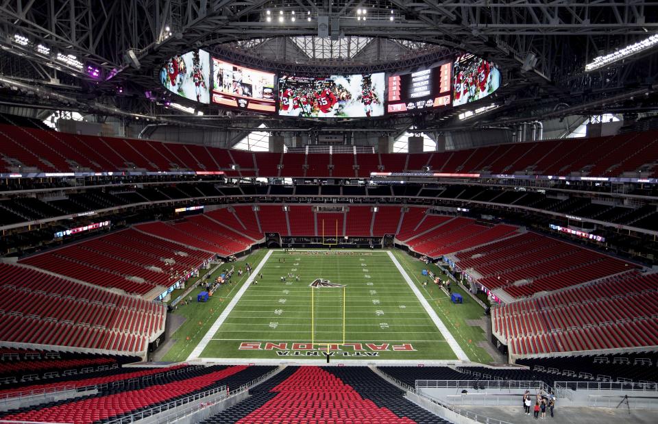 Mercedes-Benz Stadium is almost ready for business. (AP Photo/David Goldman)