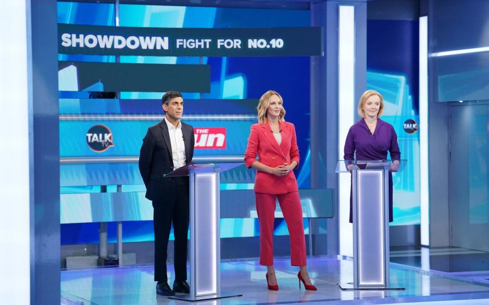 Rishi Sunak, left, Kate McCann, centre, and Liz Truss at the TalkTV Tory leadership debate - Dominic Lipinski/PA Wire