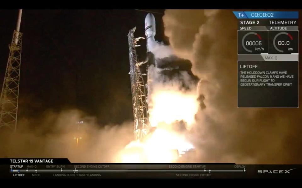 A SpaceX Falcon 9 rocket launches the Telstar 19V communications satellite from Cape Canaveral Air Force Station on July 22, 2018. <cite>SpaceX</cite>