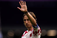 Croatia's Luka Modric waves to fans after the World Cup group F soccer match between Morocco and Croatia, at the Al Bayt Stadium in Al Khor , Qatar, Wednesday, Nov. 23, 2022. (AP Photo/Manu Fernandez)