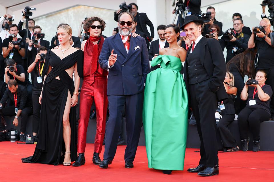 Chloe Sevigny, Timothee Chalamet, Luca Guadagnino, Taylor Russell and Mark Rylance attend the "Bones And All" red carpet at the 79th Venice International Film Festival on September 02, 2022 in Venice, Italy.