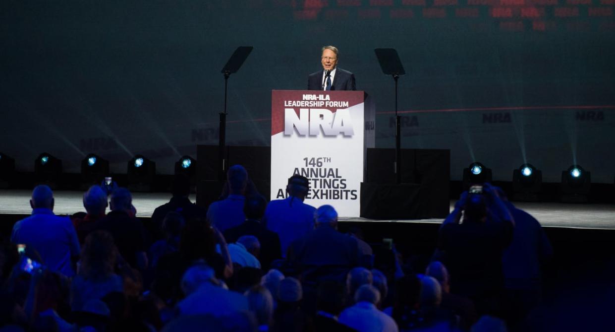 <span class="caption">Litigation against the gun group, which had been on hold, may now proceed.</span> <span class="attribution"><a class="link " href="https://www.gettyimages.com/detail/news-photo/national-rifle-association-president-wayne-lapierre-speaks-news-photo/680196506" rel="nofollow noopener" target="_blank" data-ylk="slk:Zach D. Roberts/NurPhoto via Getty Images;elm:context_link;itc:0;sec:content-canvas">Zach D. Roberts/NurPhoto via Getty Images</a></span>