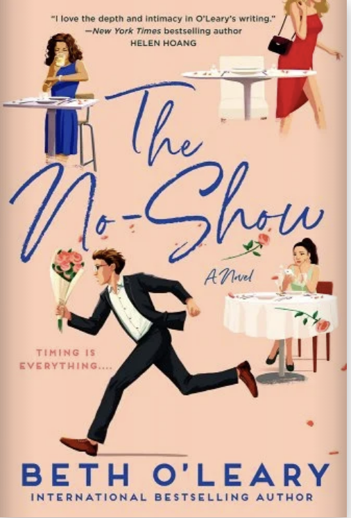 Three illustrated characters on a book cover titled "The No-Show" by Beth O'Leary