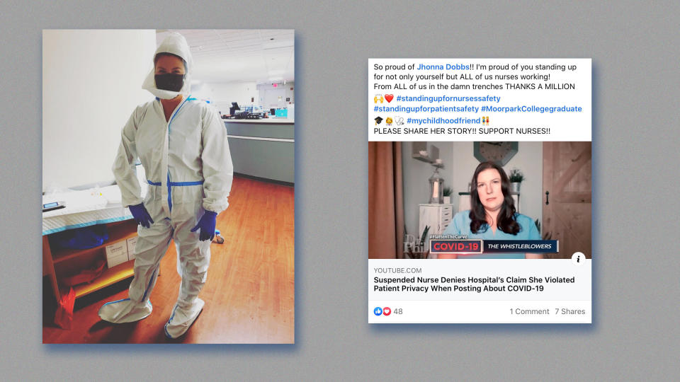 Left: Jhonna Porter while working in protective equipment. Right: Facebook post praising Jhonna Porter.  (Photo: Jhonna Porter)