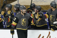 Vegas Golden Knights left wing Max Pacioretty (67) celebrates after scoring his third goal against the St. Louis Blues, during the third period of an NHL hockey game Tuesday, Jan. 26, 2021, in Las Vegas. (AP Photo/John Locher)