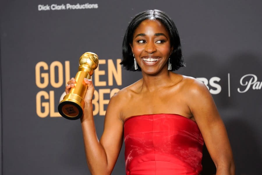 Ayo Edebiri poses in the press room with the award for best performance by an actress in a television series, musical or comedy for “The Bear” at the 81st Golden Globe Awards on Sunday, Jan. 7, 2024, at the Beverly Hilton in Beverly Hills, Calif. (AP Photo/Chris Pizzello)