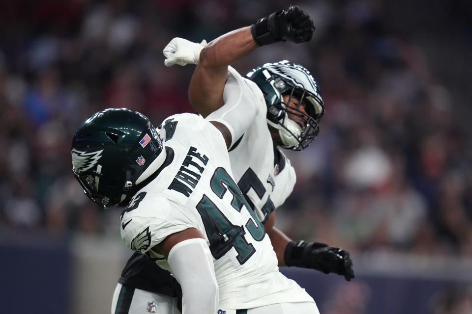 Philadelphia Eagles linebacker Kyzir White (43) celebrates a defensive stop in the second half of an NFL football game against the Houston Texans in Houston, Thursday, Nov. 3, 2022. (AP Photo/Eric Christian Smith)