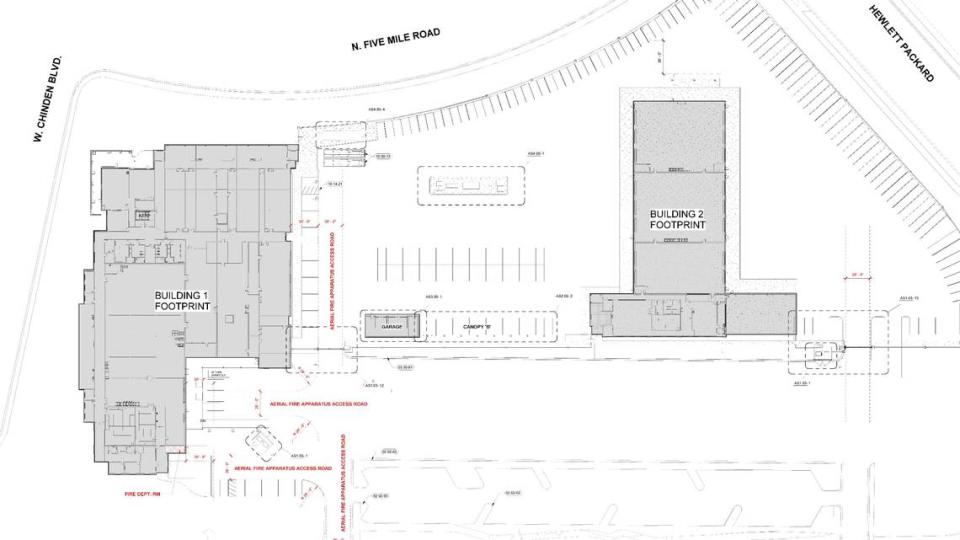 Plans for the new ITD Annex at the Idaho State Chinden Campus northeast of Centennial High School include a central laboratory and office space in the first building, at left. The second building, at right, would include some space for fleet storage and office space for the department’s pavement asset management team along with maintenance and traffic operations teams.