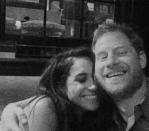 <p>The lovebirds cozy up in a black-and-white snap. </p>