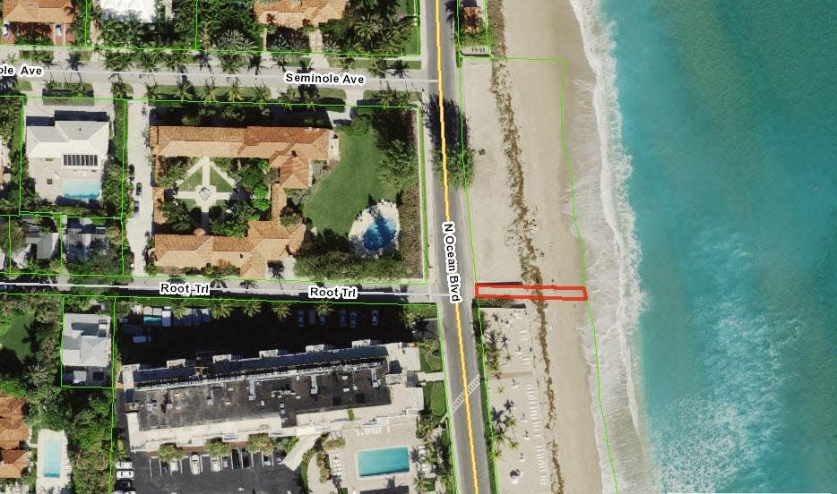 An image from the Palm Beach County Property Appraiser's website shows outlined in red the disputed piece of property that allows people to access the beach at the end of Root Trail.