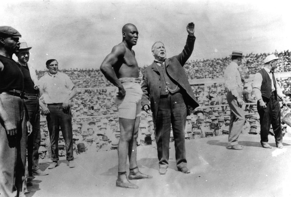 Jack Johnson, before his successful title defense against ''The Great White Hope'' James J. Jeffries in Reno, Nevada on July 4, 1910. (Photo: Sporting News Archive via Getty Images)