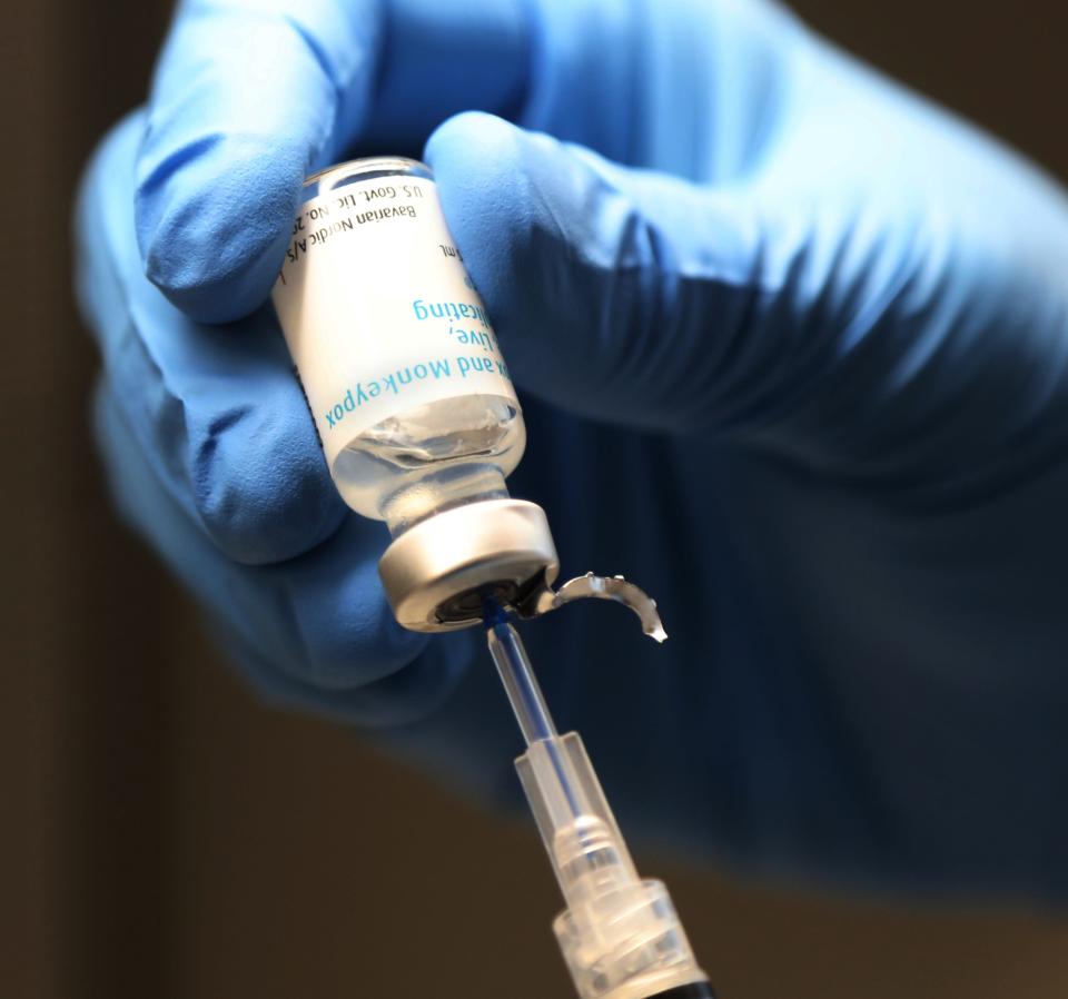 A vial containing the JYNNEOS vaccine for monkeypox.