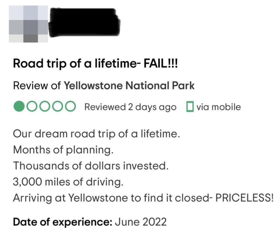 The review says "our dream road trip of a lifetime, months of planning, thousands of dollars invested, 3,000 miles of driving, arriving at Yellowstone to find it closed — priceless!"