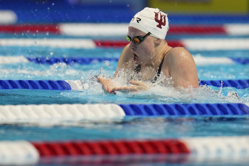 Lilly King participates in the Women's 100 Breaststroke during wave 2 of the U.S. Olympic Swim Trials on Monday, June 14, 2021, in Omaha, Neb. (AP Photo/Jeff Roberson)