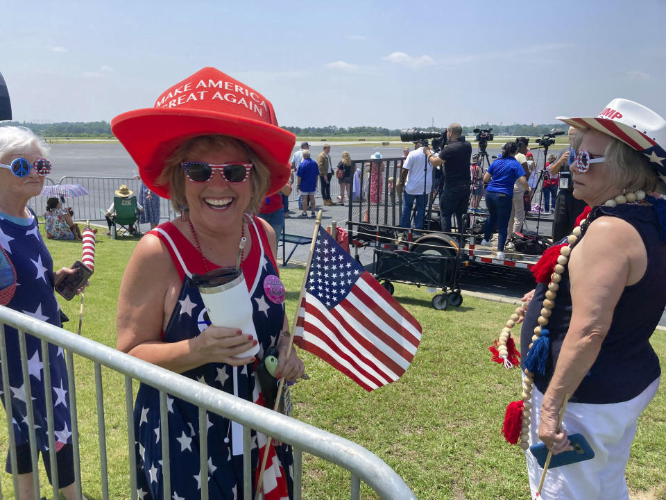 Jan Plemmons, of Columbus, Ga., waits at a private airfield in Muscogee County for former President Donald Trump’s arrival on Saturday, June 10, 2023, a day after the Justice Department unsealed an indictment charging Trump with mishandling national security information after leaving office. Plemmons called herself Trump’s “biggest fan” and said his legal peril does not change her support for him as he seeks the 2024 Republican nomination. (AP Photo/Bill Barrow)