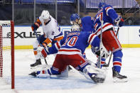 New York Rangers goalie Alexandar Georgiev stops New York Islanders' Brock Nelson (29) during the third period of an NHL hockey game Saturday, Jan. 16, 2021, in New York. (Bruce Bennett/Pool Photo via AP)