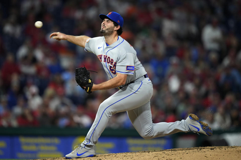 New York Mets' Grant Hartwig pitches during the fifth inning of a baseball game against the Philadelphia Phillies, Sunday, Sept. 24, 2023, in Philadelphia. (AP Photo/Matt Slocum)