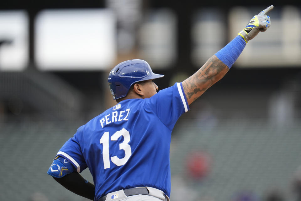 Kansas City Royals' Salvador Perez runs the bases after hitting a home run during the eighth inning of the first baseball game of a doubleheader against the Chicago White Sox, Wednesday, April 17, 2024, in Chicago. (AP Photo/Erin Hooley)