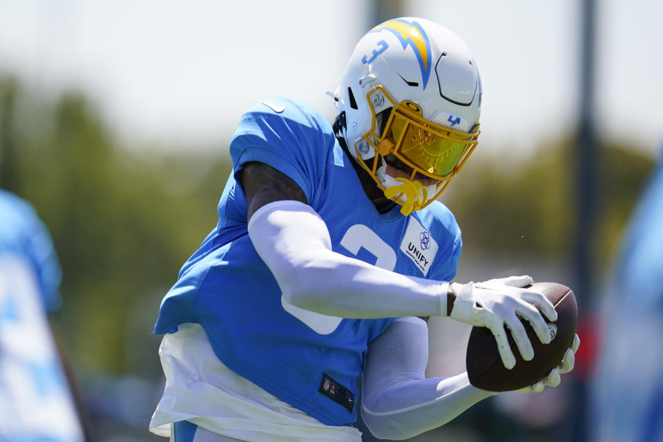 Los Angeles Chargers safety Derwin James Jr. (3) participates in drills during a combined NFL practice with the Dallas Cowboys at the Los Angeles Rams' practice facility in Costa Mesa, Calif. Wednesday, Aug. 17, 2022. (AP Photo/Ashley Landis)