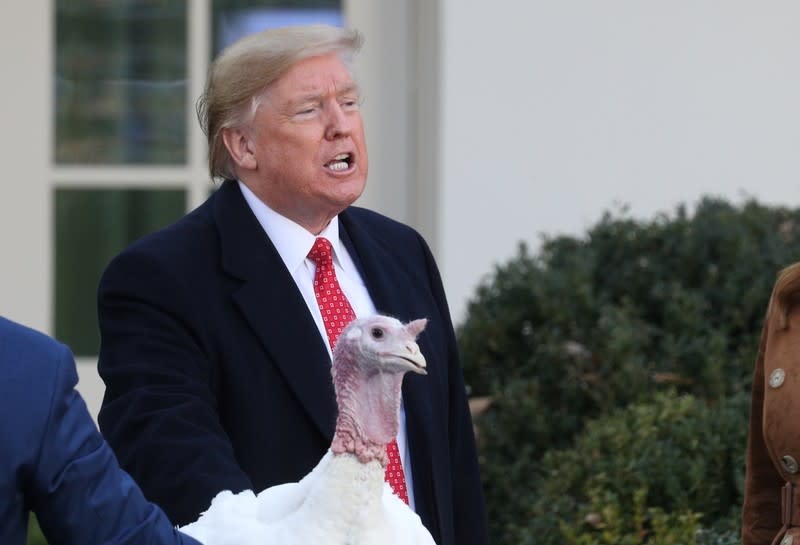 El presidente de Estados Unidos, Donald Trump, sostiene a un pavo durante un tradicional evento en la Casa Blanca antes del Día de Acción de Gracias, en Washington