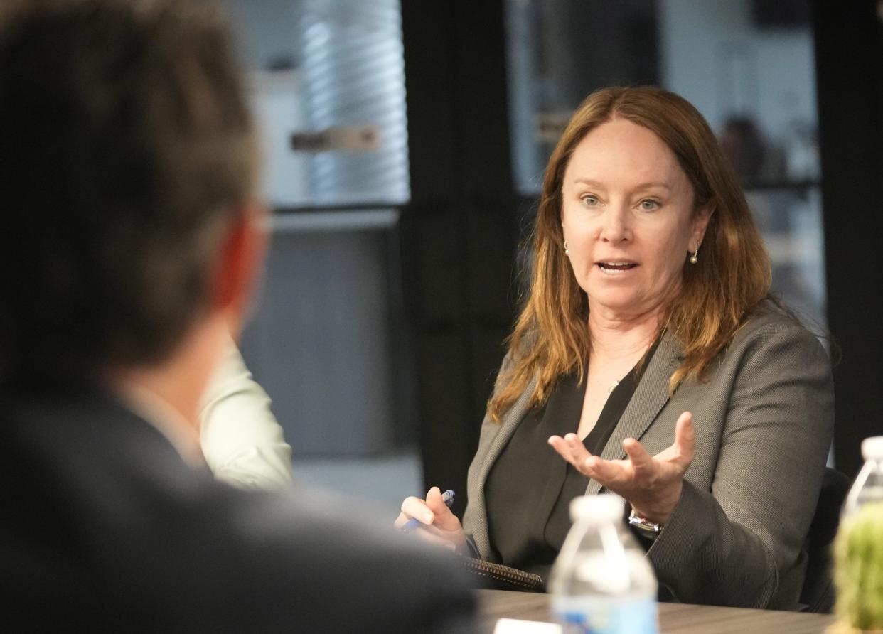 Brenda Burman speaks during a council of water experts meeting in Sen. Kyrsten Sinema's office in Phoenix on Oct 17, 2022. They were discussing how to spend federal drought relief funds available for keeping Colorado River water in Lake Mead.