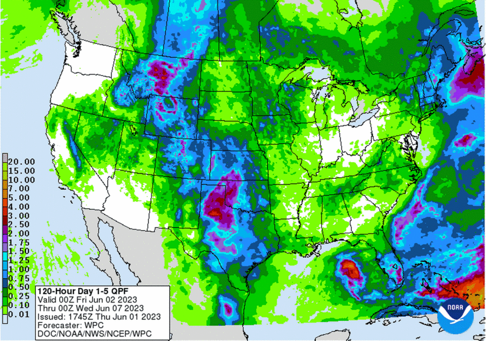 Rainfall chance increase in Florida over the next 5 days.