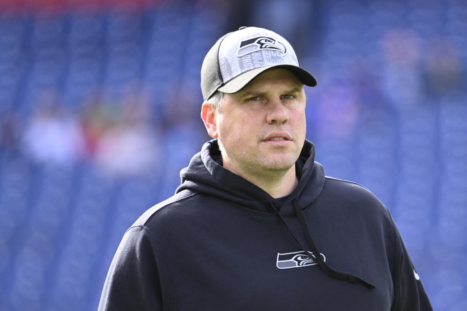 Seattle Seahawks offensive coordinator Shane Waldron before an NFL football game against the Tennessee Titans Sunday, Dec. 24, 2023, in Nashville, Tenn. (AP Photo/John Amis)