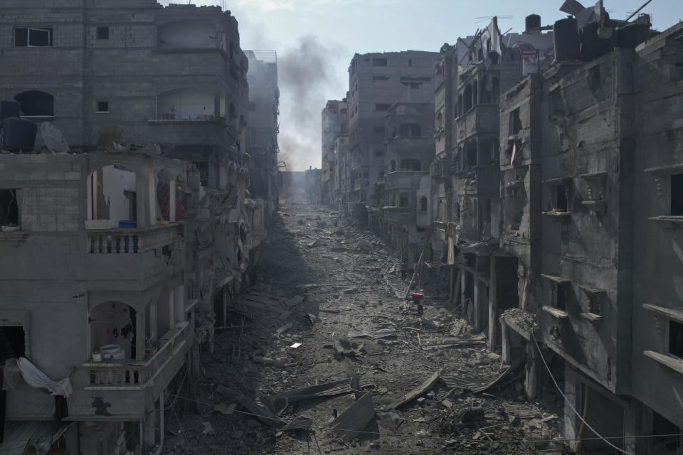 A view of the rubble of buildings hit by an Israeli airstrike, in Jabalia, Gaza strip, Wednesday, Oct. 11, 2023.  / Credit: Hatem Moussa / AP