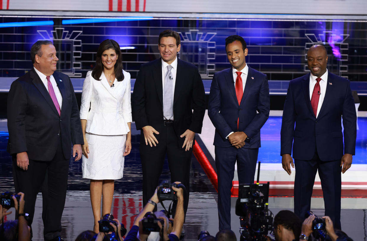 Republican presidential candidates (L-R), former New Jersey Gov. Chris Christie, former U.N. Ambassador Nikki Haley, Florida Gov. Ron DeSantis, Vivek Ramaswamy and U.S. Sen. Tim Scott (R-SC) are introduced during the NBC News Republican Presidential Primary Debate at the Adrienne Arsht Center for the Performing Arts of Miami-Dade County on November 8, 2023 in Miami, Florida. 